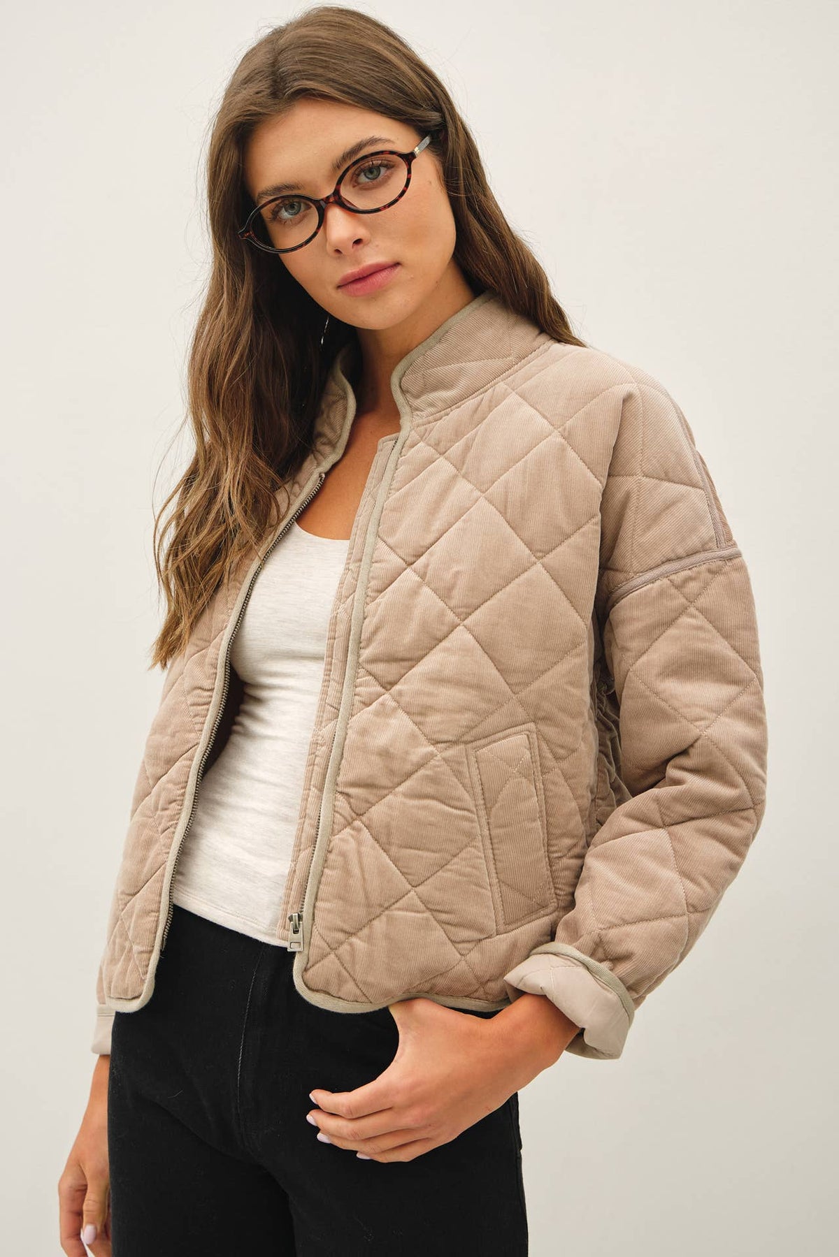 CORDUROY QUILTING CROPPED JACKET : TEA ROSE / L