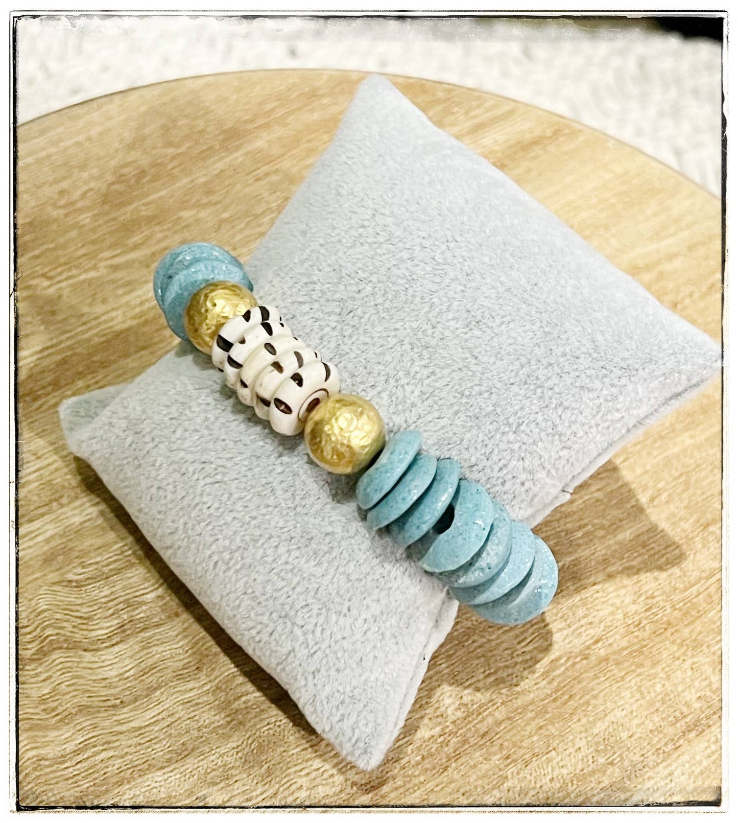 Ashanti Glass & Brass Bead Stretch Bracelet- Light Teal