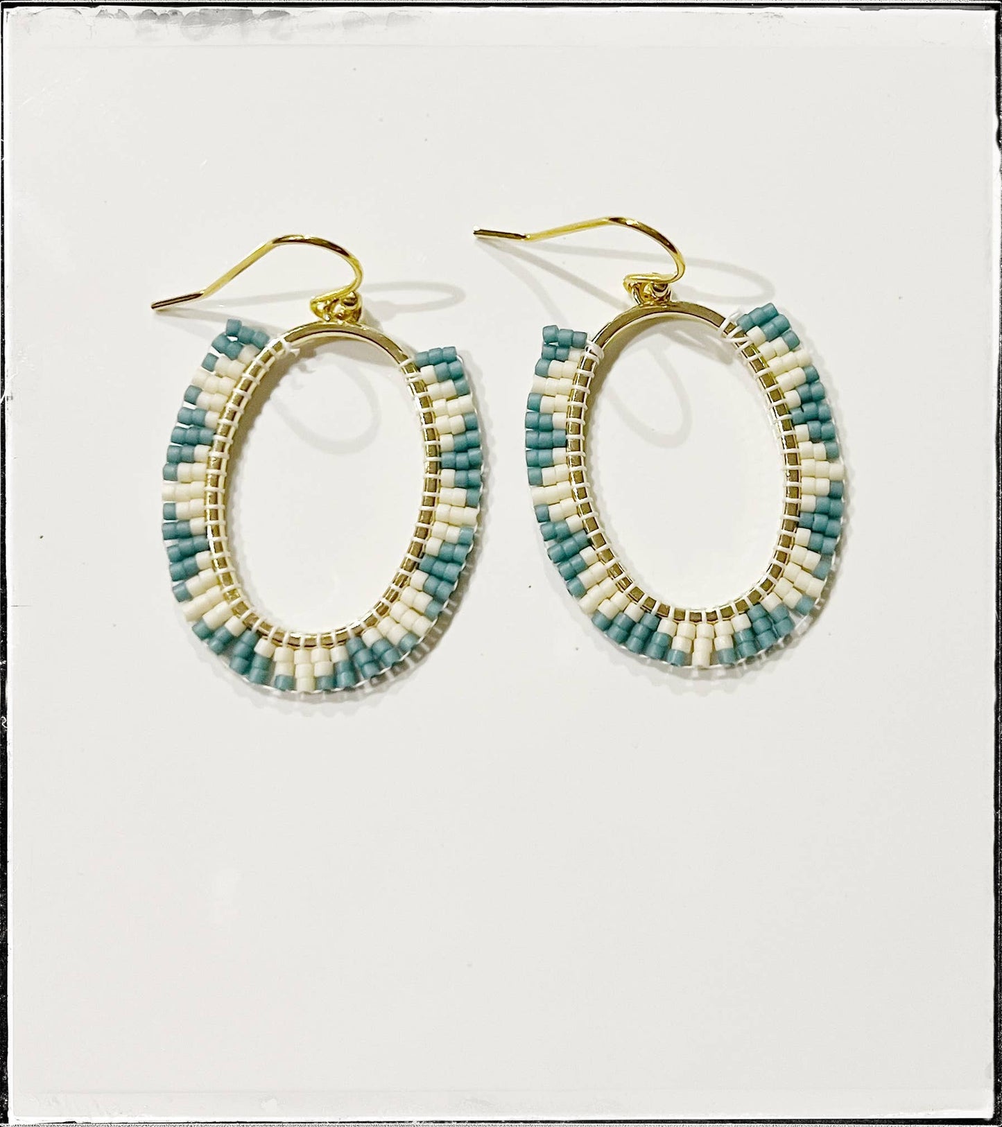 Glass Seed Bead Brass Earrings Hoop Circle Aztec Print Sage