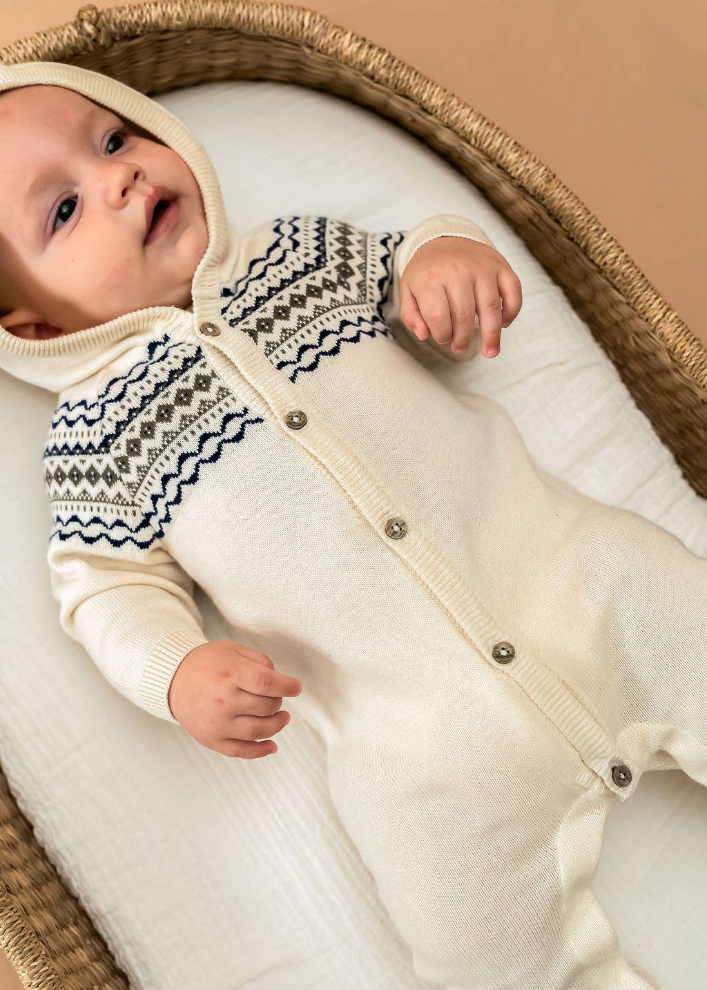 Fair Isle Jacquard Sweater Knit Baby Hooded Jumpsuit