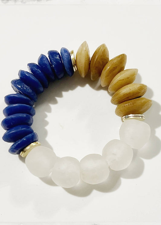 Bone, Blue Ashanti Glass & Recycled Glass Stretch Bracelet
