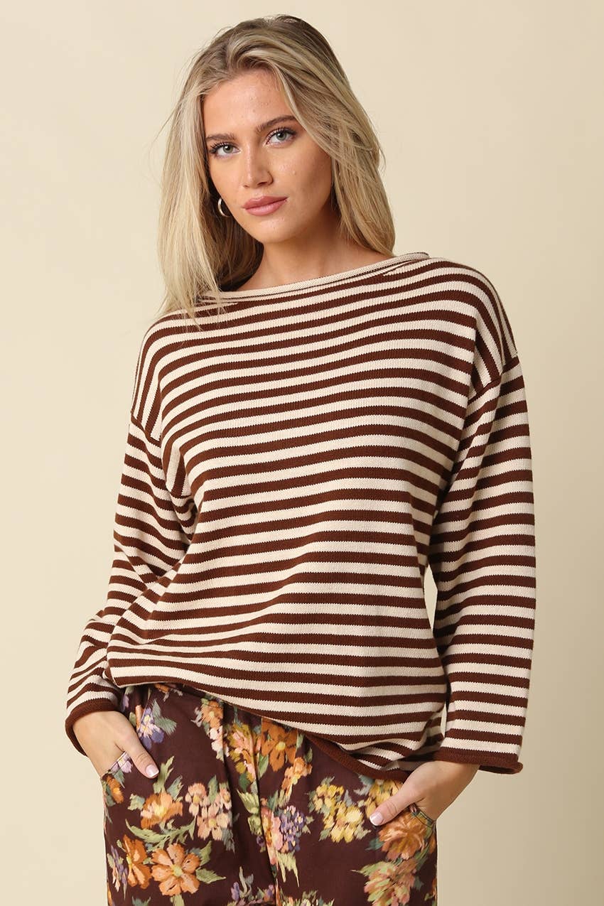 Ailany Striped Boat Neck Sweater: DK NAVY MOCHA / L