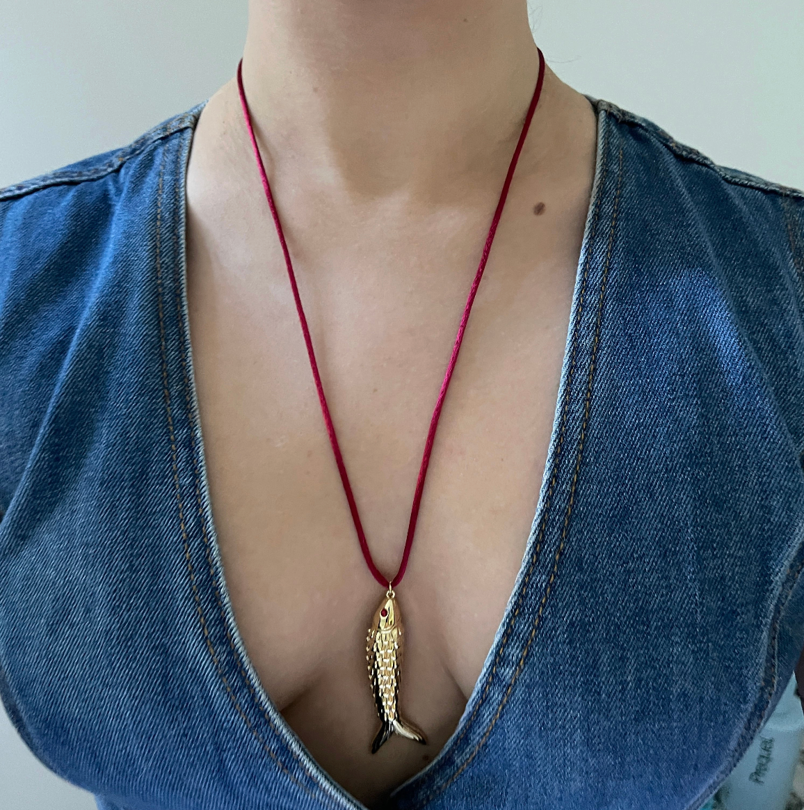 Fish Charm Silk Necklace: Red