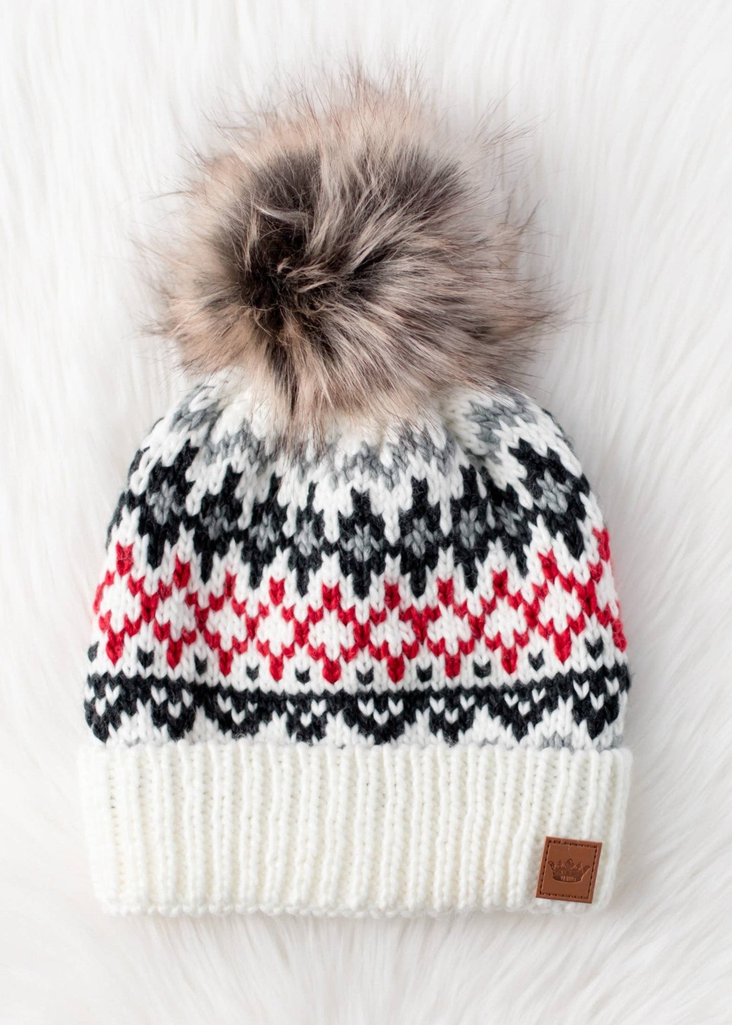 Ivory, Red & Gray Fairisle Beanie Hat