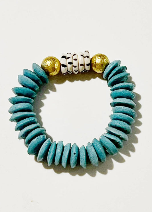 Ashanti Glass & Brass Bead Stretch Bracelet- Light Teal