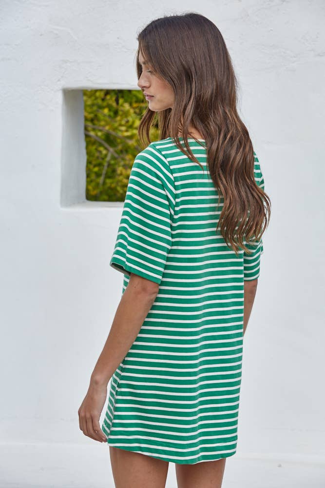 L9609 | Woven Cotton Striped Short Sleeve Round Neck Mini: Taupe Ivory / L