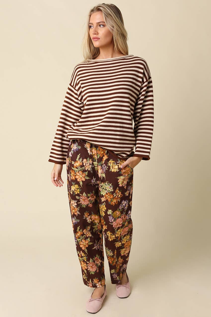 Ailany Striped Boat Neck Sweater: DK NAVY MOCHA / L
