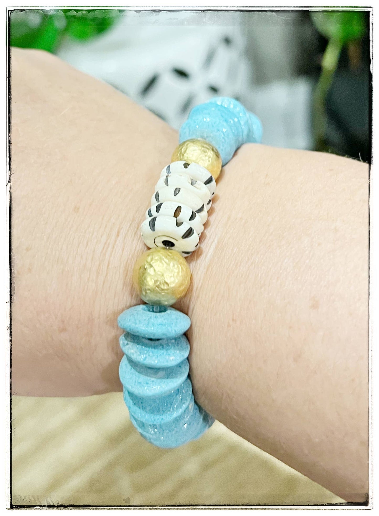 Ashanti Glass & Brass Bead Stretch Bracelet- Light Teal