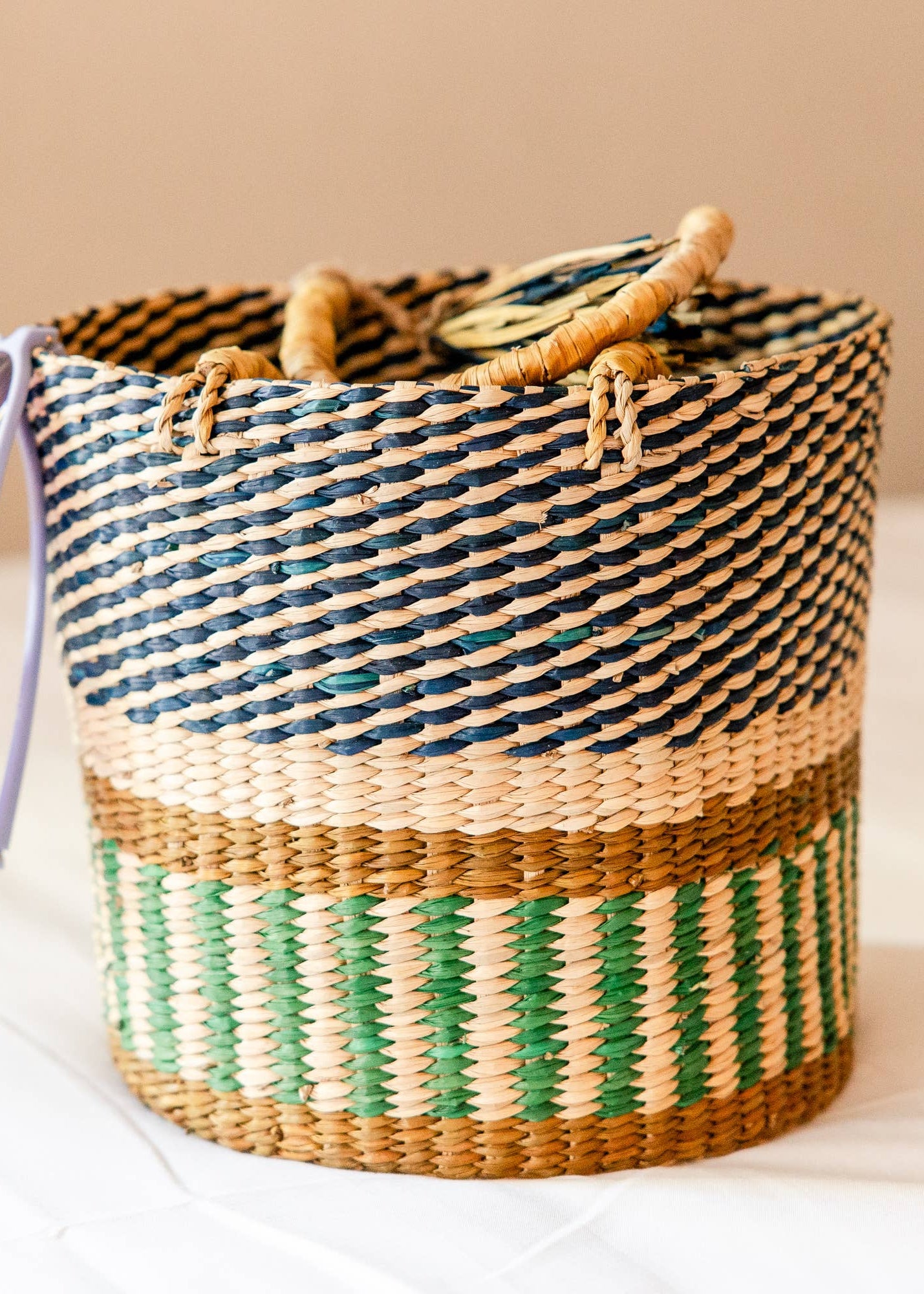 Striped Pathi Grass Basket Tote