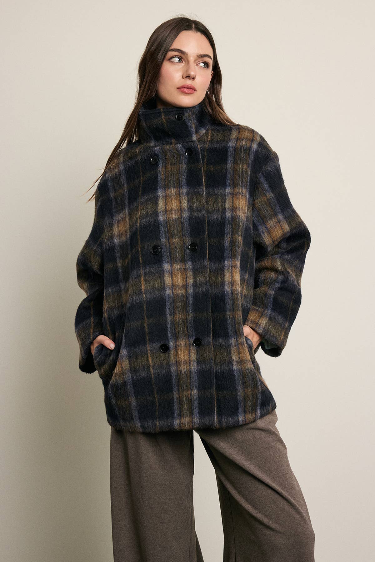 Brushed Plaid Funnel Neck Coat - RJ1214: PLAID / S-M-L (3-2-1)