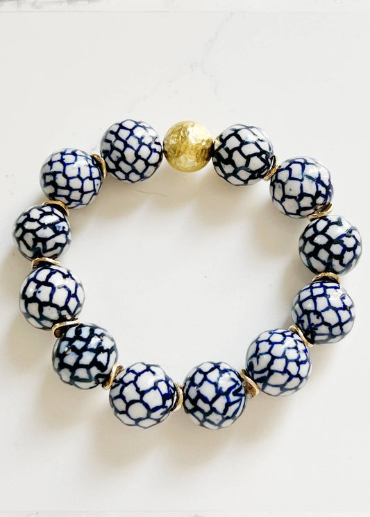Blue Ceramic Chinoiserie Round Bead Bracelet w/ Brass Ball