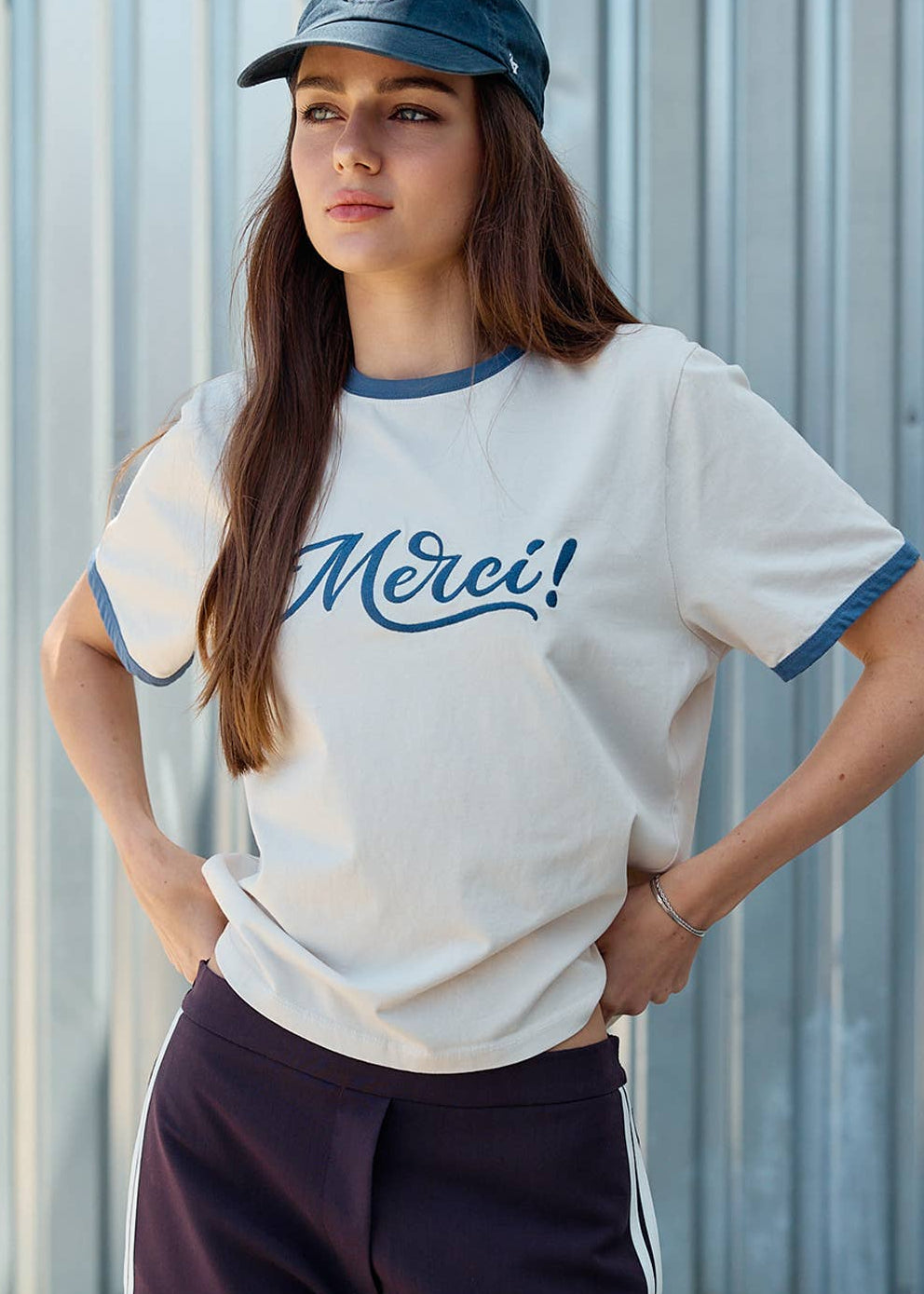 Merci Embroidered Contrast Trim Tee