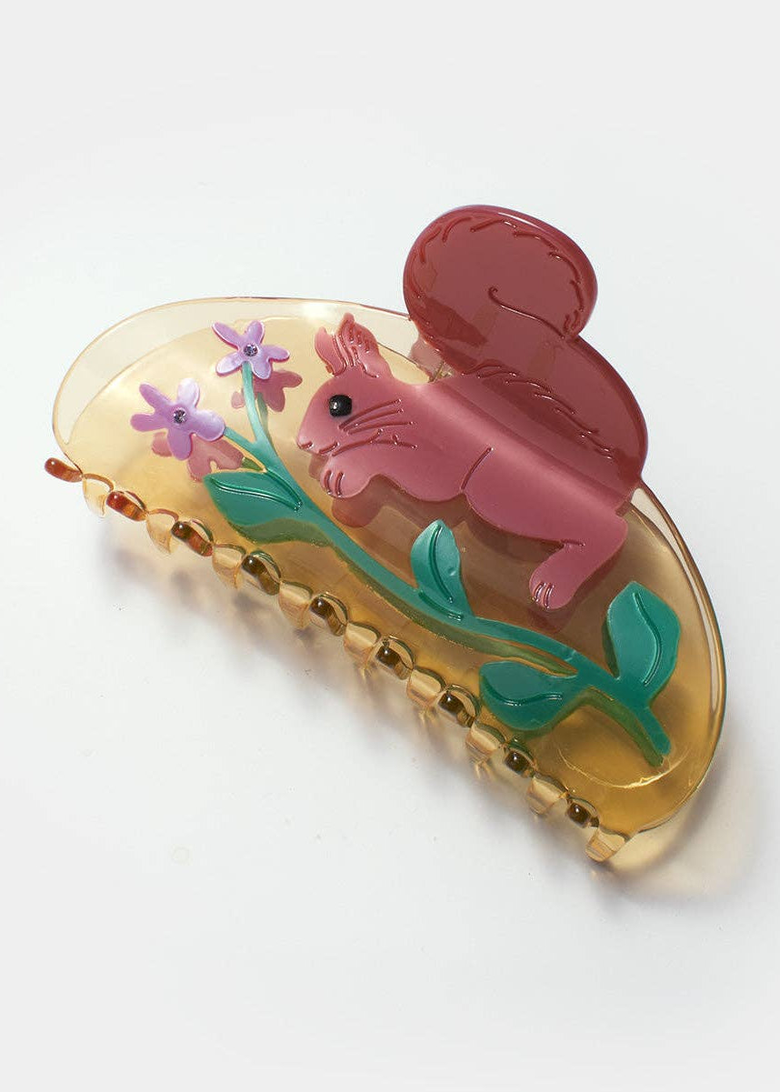 Squirrel with Wild Violet Flower Acetate Women's Hair Claw