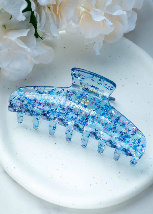 Glamour Grip Wave Claw in Blue Jelly Stardust | Clear Blue Star Glitters | Italian Acetate Tortoise Shell Large Hair Clip