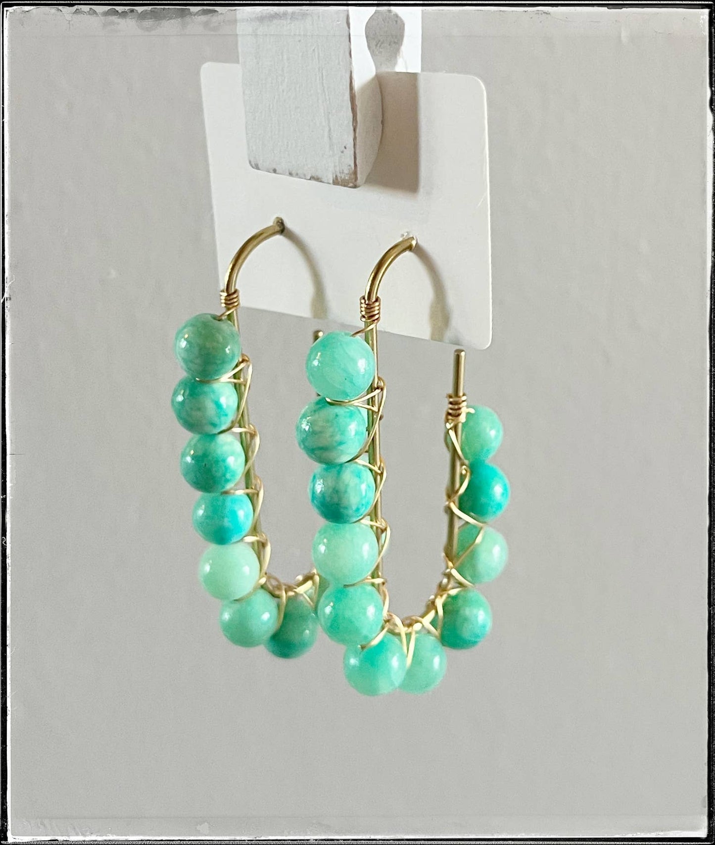 Wire Wrapped Open Hoop Glass Bead Dangle Earring Green Jade