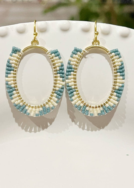 Glass Seed Bead Brass Earrings Hoop Circle Aztec Print Sage