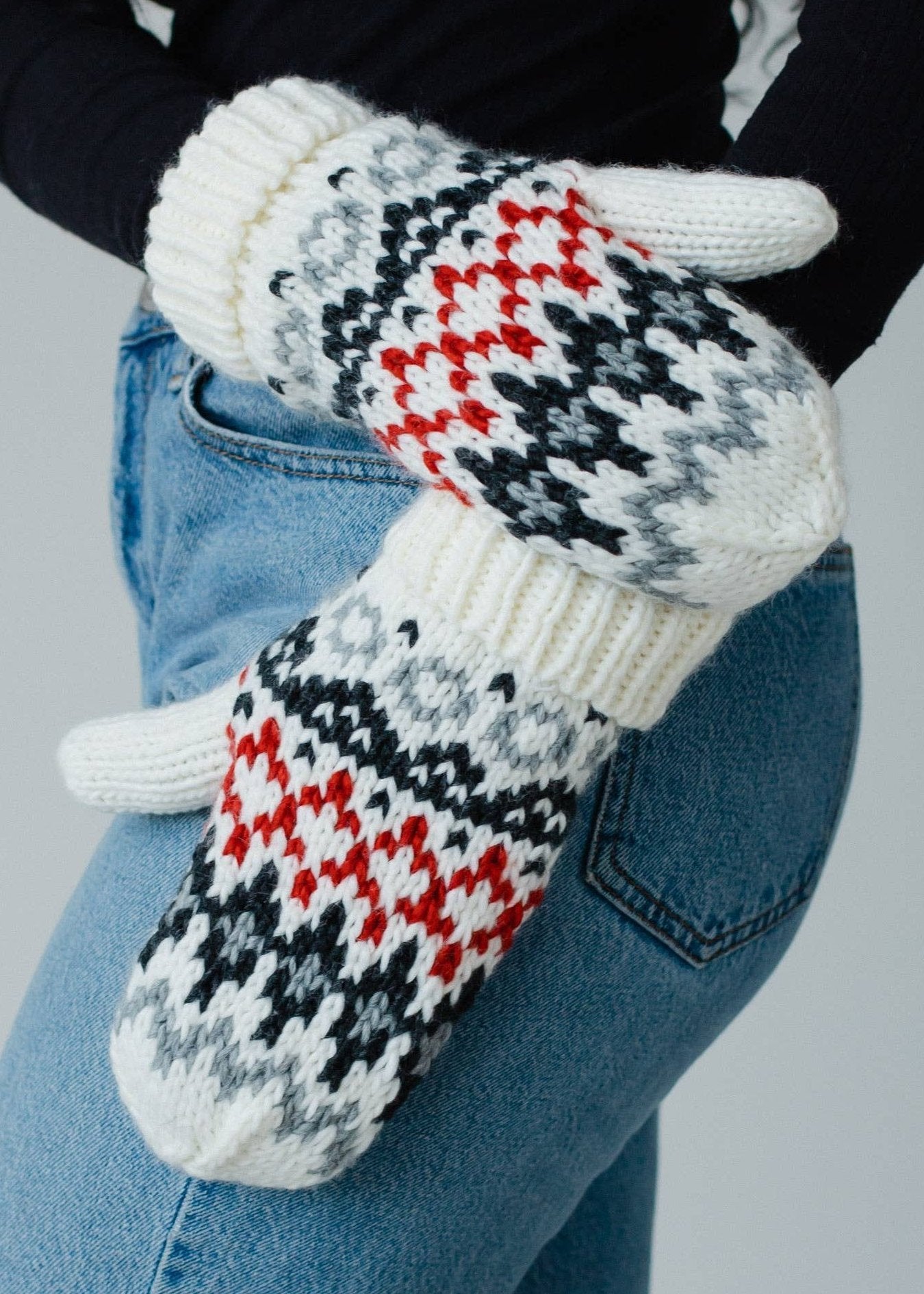 Ivory, Red & Gray Fairisle Mittens