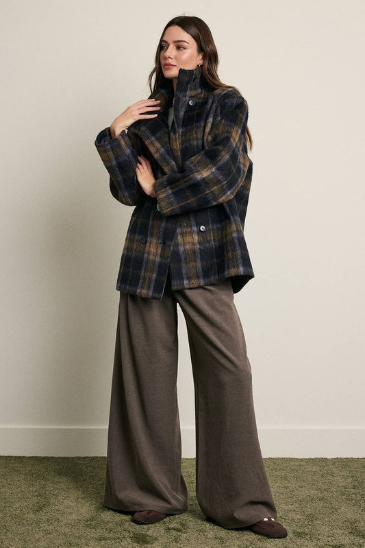 Brushed Plaid Funnel Neck Coat - RJ1214: PLAID / S-M-L (3-2-1)