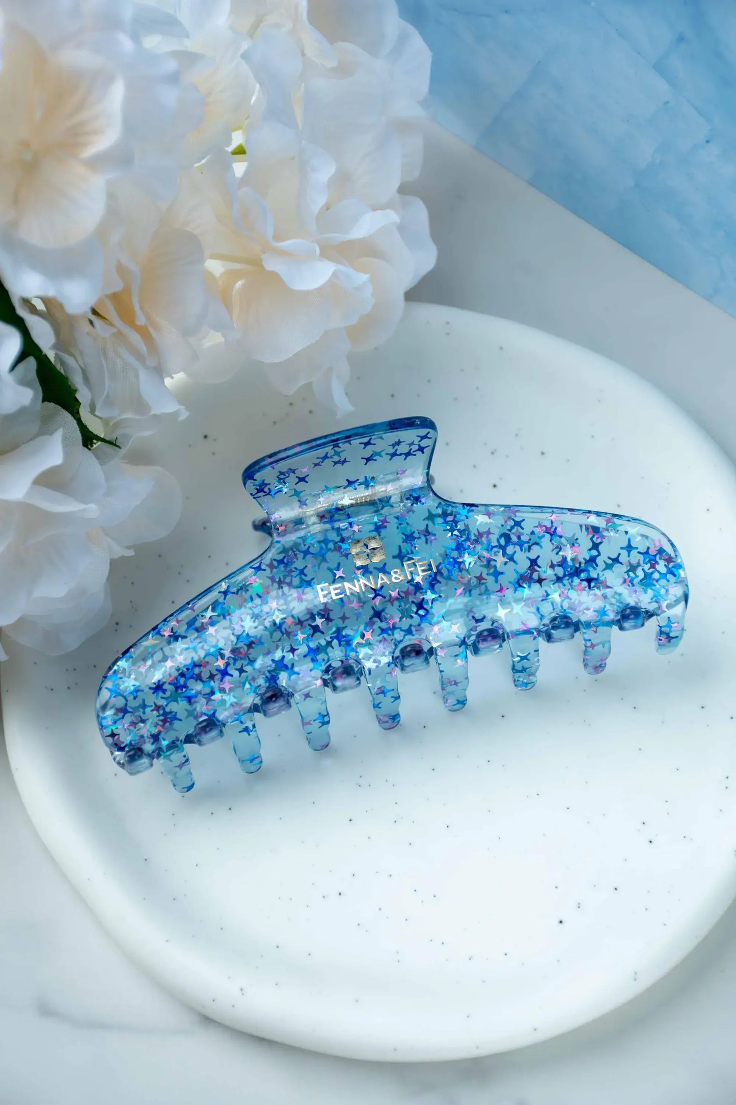 Glamour Grip Wave Claw in Blue Jelly Stardust | Clear Blue Star Glitters | Italian Acetate Tortoise Shell Large Hair Clip