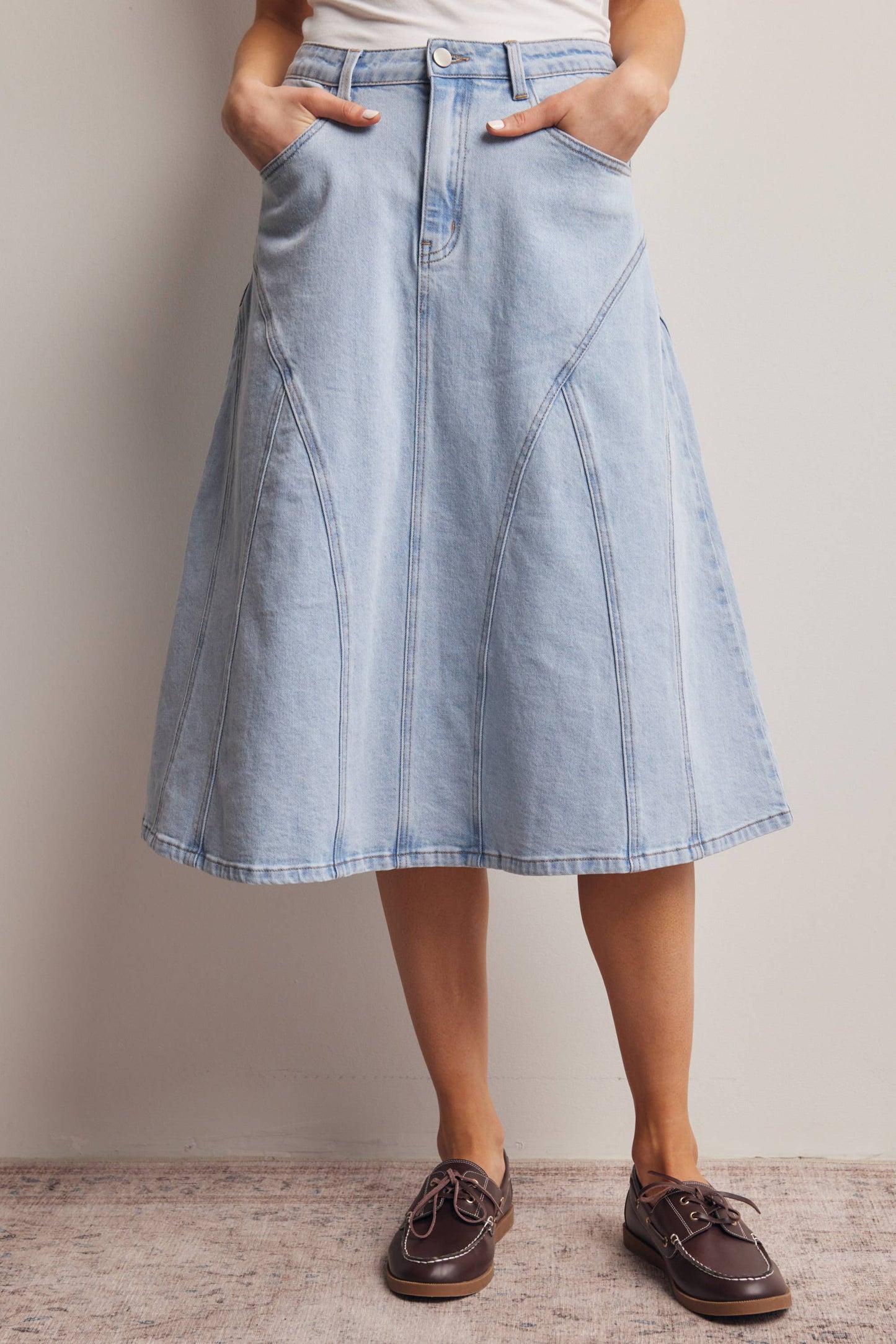 Shirley Paneled A-Line Stretch Denim Midi Skirt