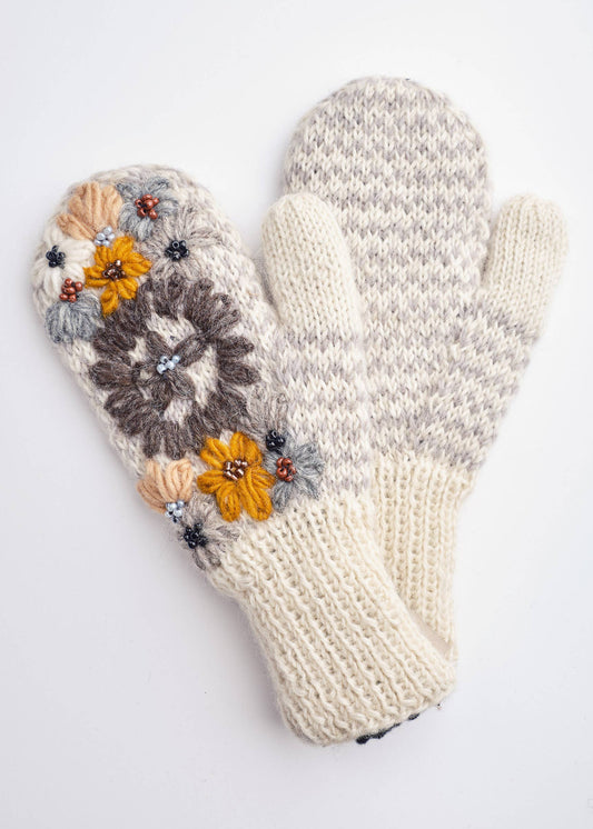 Embroidered Ivory Mittens