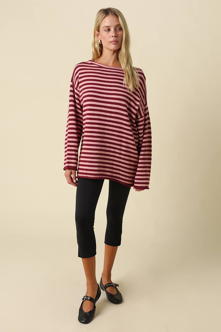 Ailany Striped Boat Neck Sweater: DK NAVY MOCHA / L