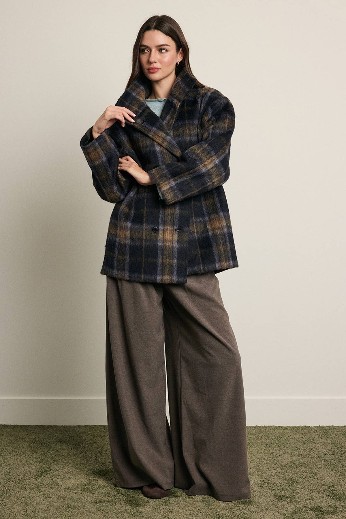 Brushed Plaid Funnel Neck Coat - RJ1214: PLAID / S-M-L (3-2-1)