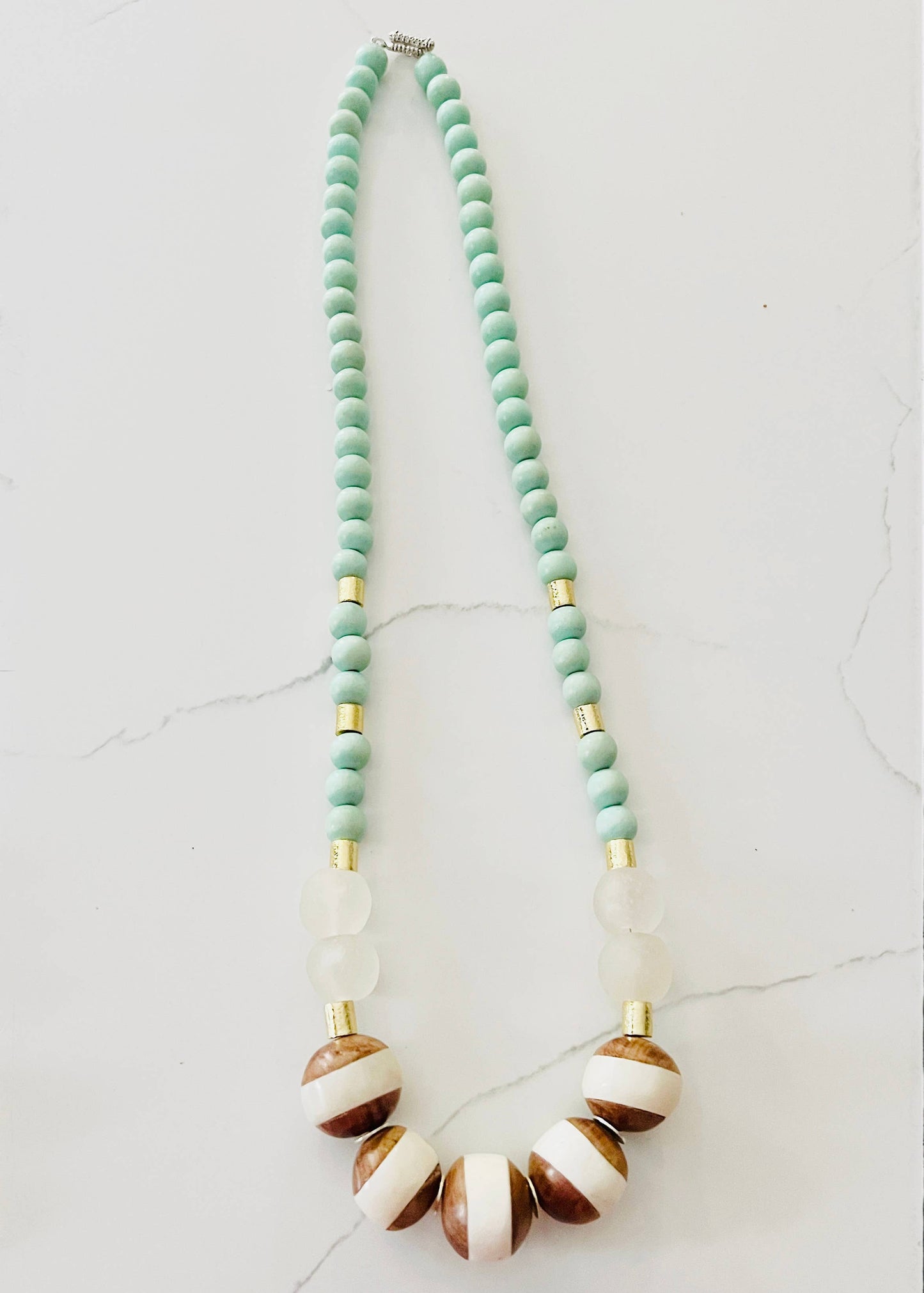Tanzania Wood & Bone Bead Glass Bead Necklace- Mint Green