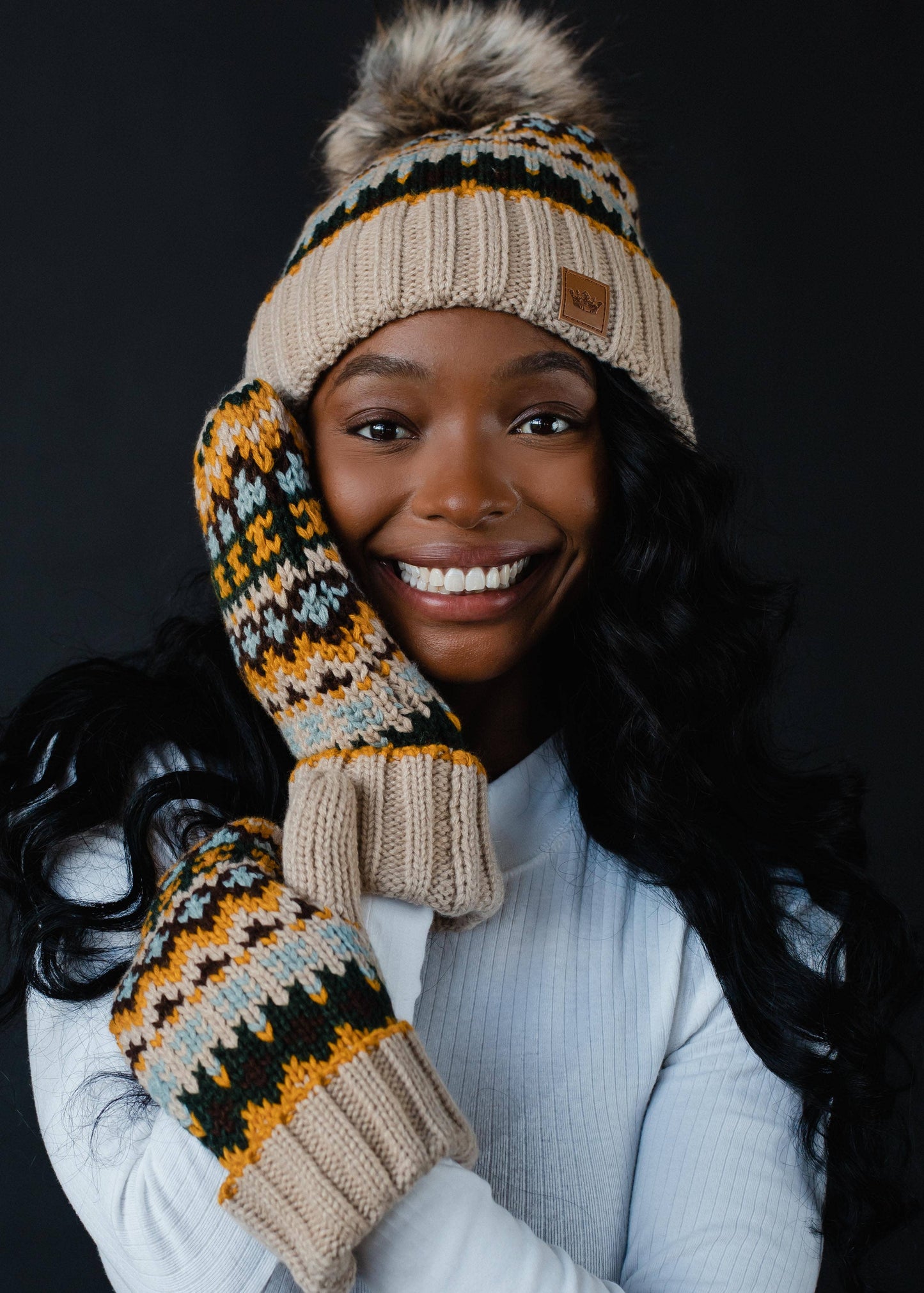 Beige Fairisle Beanie Hat